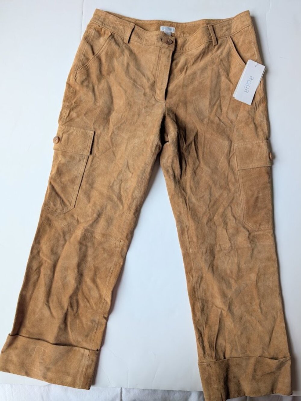 NWT* AQUA Suede Leather Womens Tan Cargo Cropped Pants size: 6